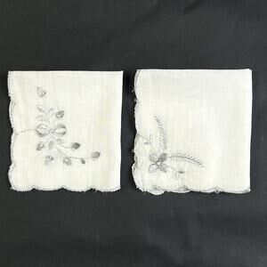 Handkerchief Lot 2 Floral Silver Sheen Embroidery Stitch Hankies Scalloped Edge